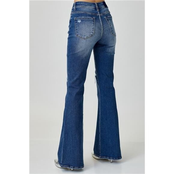NWT RISEN Distressed Button-Fly Flare Jeans, Slightly Stretchy, Dark Wash - Picture 2 of 7
